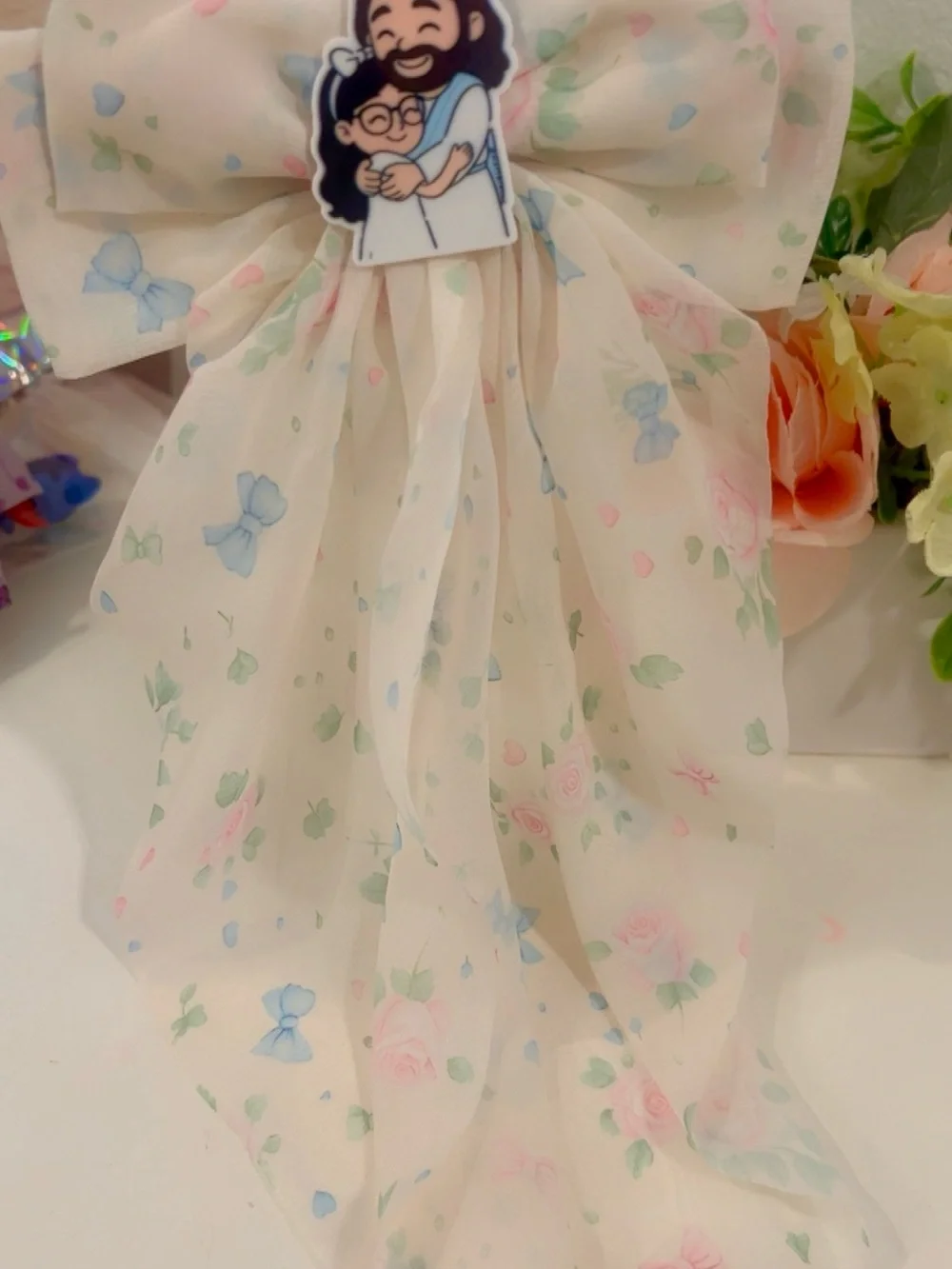Handmade Christian Floral Chiffon Hair Bow | Jesus & Me Long Tail Bow